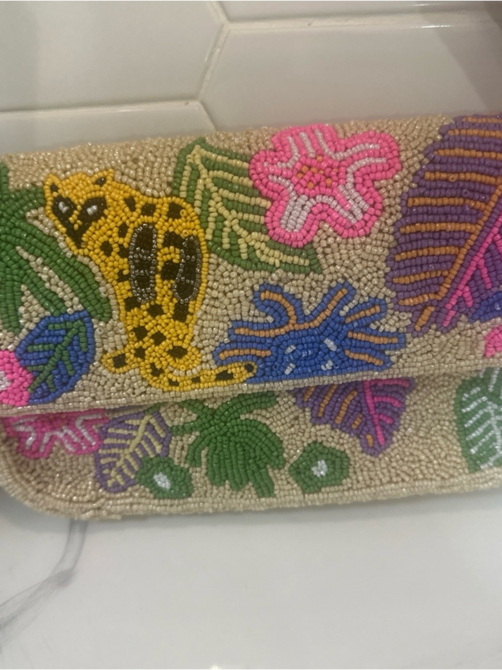 Beaded Floral & Leopard Clutch Bag in Multicolor